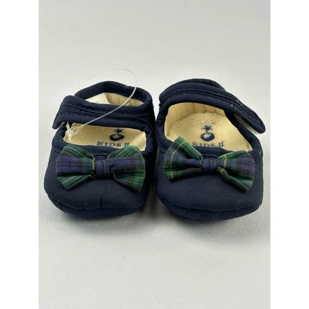 Vintage Kids Baby Mary Jane Shoes Navy Plaid Bow Kids II 0-3 Months Preppy